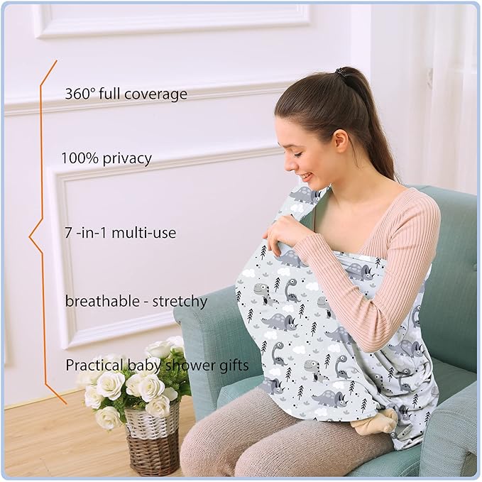 Car Seat Covers for Babies - Multi- use Nursing Carseat Canopy, Breastfeeding Covers, Baby Shower Gifts for Boys and Girls (Grey Dinosaur)-BubblyBeeBaby