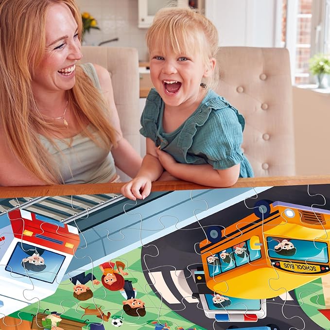 Jumbo Floor Puzzle for Kids,City Transportation Jigsaw Large Puzzles,48 Piece City Life Vehicle Puzzle for Toddler Ages 3-5,Children Learning Preschool Educational Toys,Gift for 4-8 Years Old-BubblyBeeBaby