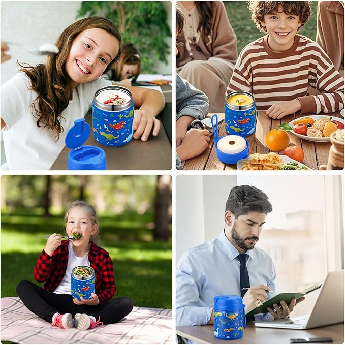 17oz Soup Thermo for Hot Food Kids,Insulated Food Jar with Spoon,Thermo Hot Food Lunch Container,Wide Mouth Leakproof Stainless Steel Lunch Box for School-Dinosaur-BubblyBeeBaby