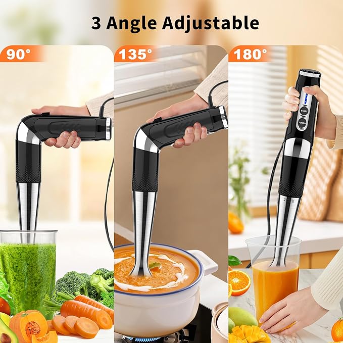 Immersion Blender Handheld, 3-Angle Adjustable with 21-Speed Electric Hand Emulsion Stick Blender with Stainless Steel Blade for Milkshakes, Puree, Soup, Baby Food, Smoothies-BubblyBeeBaby