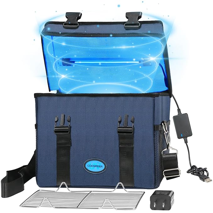 UVC Sanitizer Ozone Box with Timer, Foldable Large Cleaner UV Bag w/strap and USB Port, Portable UVC Light Tote 185nm wavelength for Mask, Cell Phone, Key, Towel 12L/3.17 gal-BubblyBeeBaby