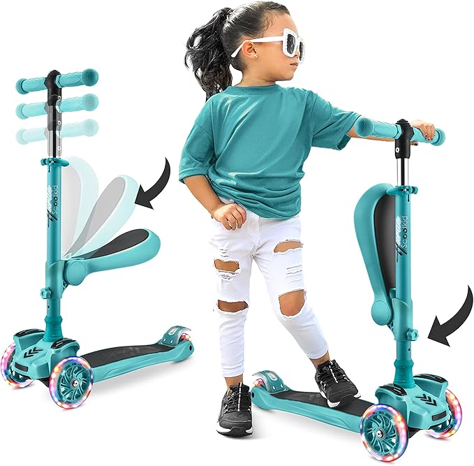 Hurtle 3-Wheeled Scooter for Kids - Wheel LED Lights, Adjustable Lean-to-Steer Handlebar, and Foldable Seat - Sit or Stand Ride with Brake for Boys and Girls Ages 1-14 Years Old-BubblyBeeBaby