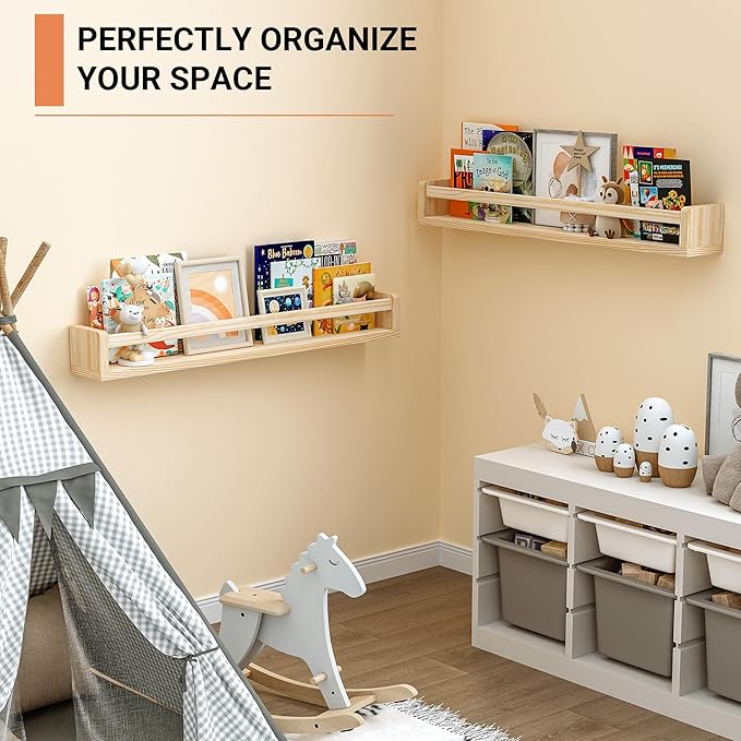 Heimlove Nursery Floating Shelves, Wood Nursery Book Shelves for Wall, 32 inch Wall Bookshelf for Kids Solid Wood Shelves for Books,Toys and Decor Storage, Set of 3-BubblyBeeBaby