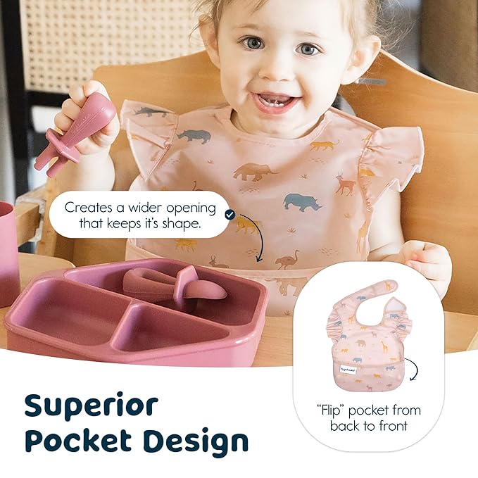 Tiny Twinkle Mess Proof Baby Bibs for Eating - Waterproof, Wipeable Bibs - Toddler Bibs - Travel Friendly - PFAS, PVC, BPA, Phthalate Free - Baby Food Bibs(3 Pack,Petite Safari)-BubblyBeeBaby