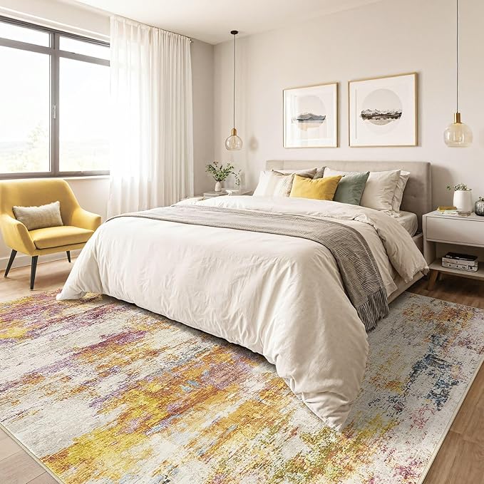 10X12 Area Rugs Living Room: Washable Large Abstract Modern Soft Stain Resistant Indoor Floor Rugs Non Slip Accent Carpet for Bedroom Nursery Playroom Office Dining Room Dorm Home House- Gold Colorful-BubblyBeeBaby