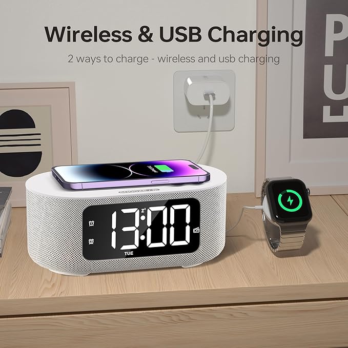 JALL Fabric Alarm Clock for Bedroom, with Big Led Screen Display, Bluetooth Stereo Sound Speaker, FM Radio, Fast Wireless Charging, USB Charging Port, Nightlight, White Noise, Ideal for Gift, Gray-BubblyBeeBaby