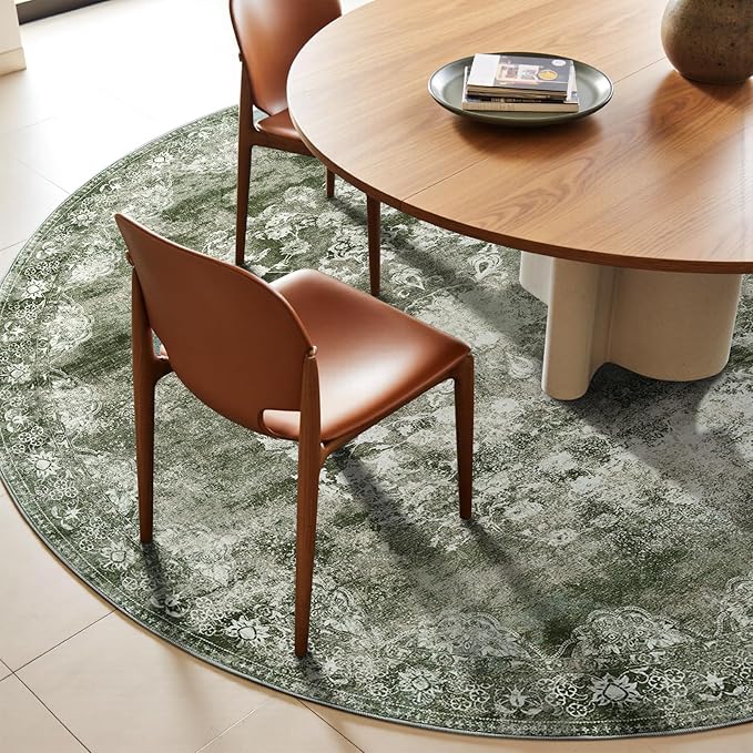 jinchan Round Rug 7ft Area Rug - Green Vintage Floor Mat Kitchen Indoor - Washable Circle 7' Thin Floral Print Carpet Retro Farmhouse Non Slip Dining Room Living Room Bedroom Office-BubblyBeeBaby
