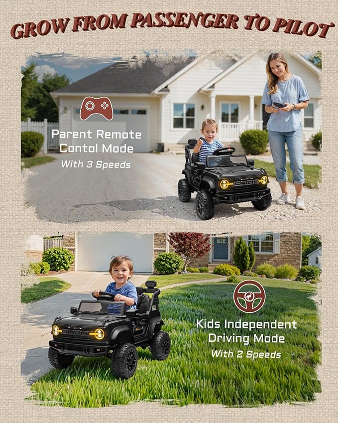 12V Ride on Toys for Kids, Licensed Ford Bronco Raptor Children Electric Vehicles, Toddler Battery Powered Car with Double Doors, 3 Point Safety Belt, Led Lights (12V, Black)-BubblyBeeBaby