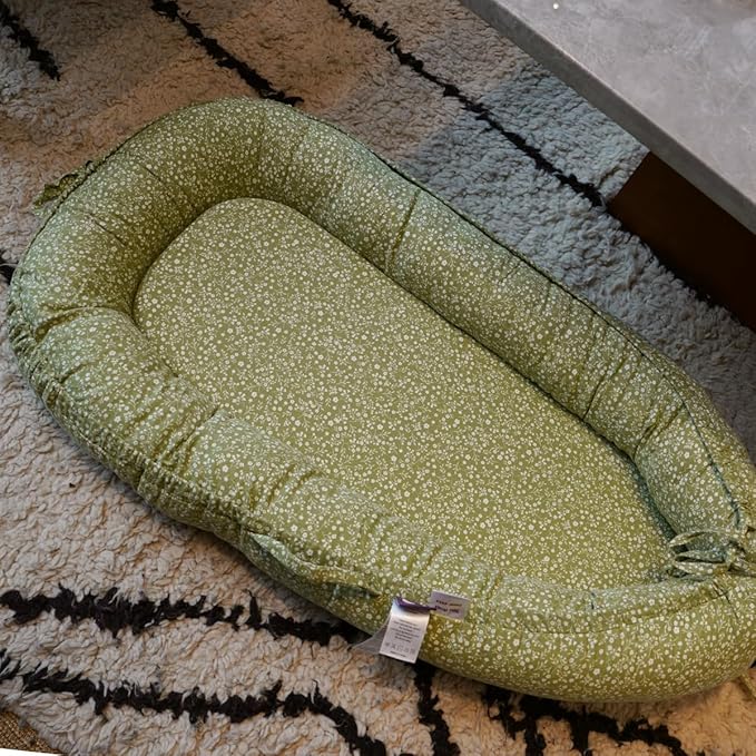 Infant Lounger, Baby Nest Cover for Baby Girls & Boys, Newborn Essentials for Baby 0-18+ Months, 100% Cotton Breathable (Green_Wonder, Cotton_Muslin)-BubblyBeeBaby