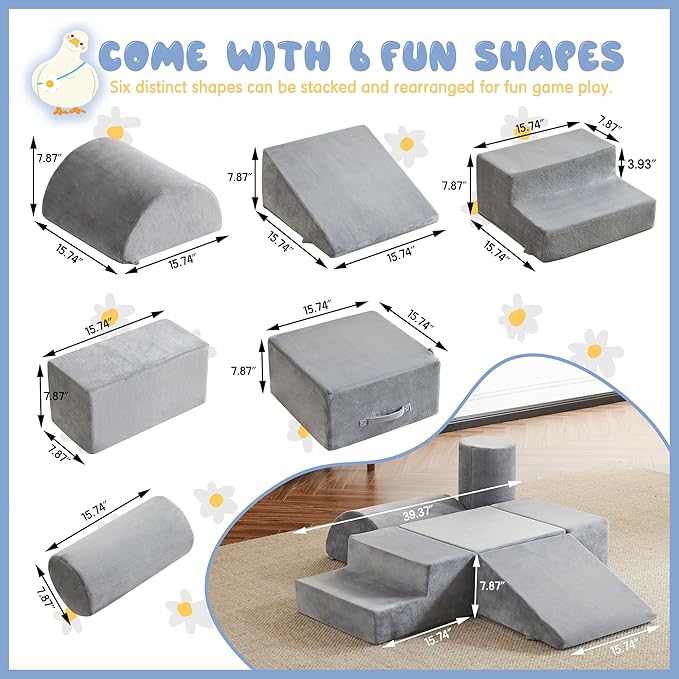 jela Foam Blocks 6Pcs Soft Play Equipment Soft Velvet, Toddler Climbing Toys Indoor Soft Play Climbing for Toddlers, Lightweight Climbing Blocks for Babies, Kids, Climb and Crawl Foam Playset-BubblyBeeBaby