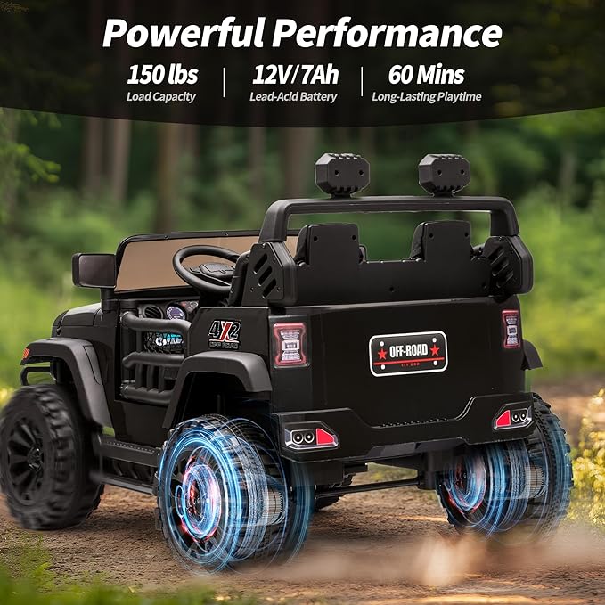 2 Seater Ride on Car Truck, 12V Kids Electric Ride on Toy for Big Kids Age 3-8 w/Remote Control- Black-BubblyBeeBaby