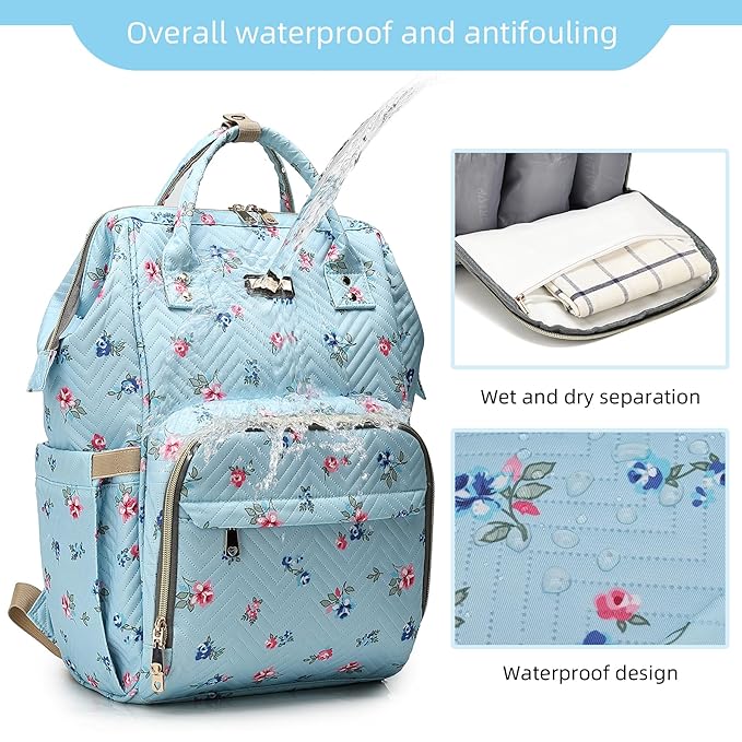 Diaper Bag Backpack for Women, Baby Bags for Girls,Diaper Bag with Changing Pad, and Insulated Pockets-Blue Flowers-BubblyBeeBaby