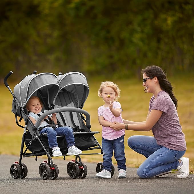 Dream On Me Volgo Twin Umbrella Stroller in Gray, Lightweight Double Stroller for Infant & Toddler, Compact Easy Fold, Large Storage Basket, Large and Adjustable Canopy-BubblyBeeBaby