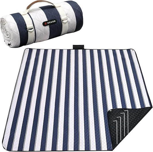 HX&OD Outdoor Picnic Blanket Extra Large, 80''*80'' Waterproof Picnic Mat with Stakes Foldable Camping Blanket Portable with Carry Strap for Beach Mat (Blue& White, 80''*80'')-BubblyBeeBaby