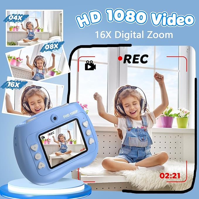 Instant Print Camera for Kids - Front Rear Dual Selfie Kid Print Camera, Fun Birthday Gift for Boys Ages 3-12, HD Digital Video Cameras, Easy to Use for Toddler - Blue-BubblyBeeBaby