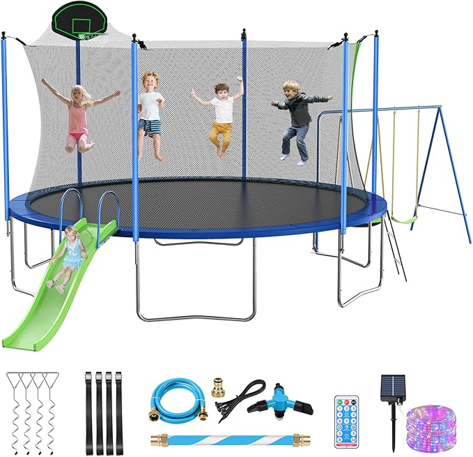 12FT 14FT Trampoline with Slide and Swings, ASTM Approved Outdoor Trampoline with Basketball Hoop and Ladder, Capacity for 5-7 Kids and Adults-BubblyBeeBaby
