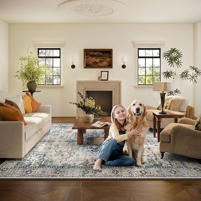 10x14 Area Rugs for Living Room: Washable Bedroom Rug Boho Vintage Rugs Stain Resistant Non Slip Low Pile Soft Lightweight Carpet for Kitchen Dining Room Farmhouse Nursery Kids Room Home Office-BubblyBeeBaby