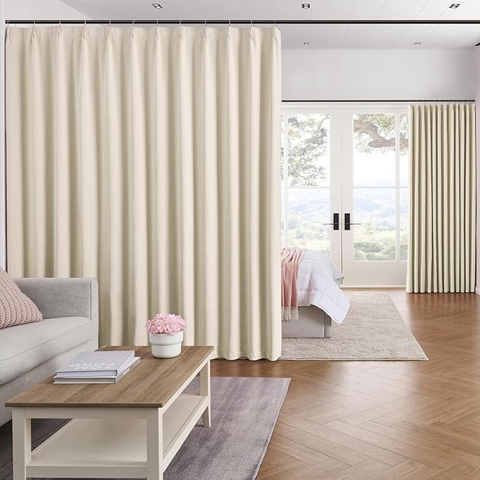 KEQIAOSUOCAI Pleat Patio Sliding Door Curtains 100 Wide x 90 Long Cream Beige Drapes 2 Panels Room Divider Curtain,Wide Width Thermal Insulated Room Darkening Window Treatment for Living Room-BubblyBeeBaby
