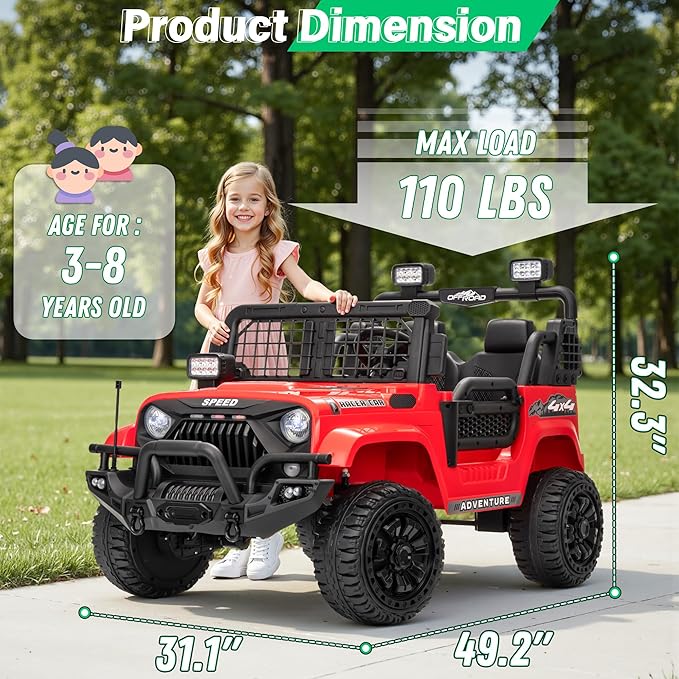 2 Seater Ride On Car Truck with Remote Control XL, Kids 24V Battery Powered Electric Vihicle w/21 in Seat, 3 Speeds, 2WD/4WD Switichable, Shock Absorbers,Bluetooth, Flower, Gift Choice-BubblyBeeBaby