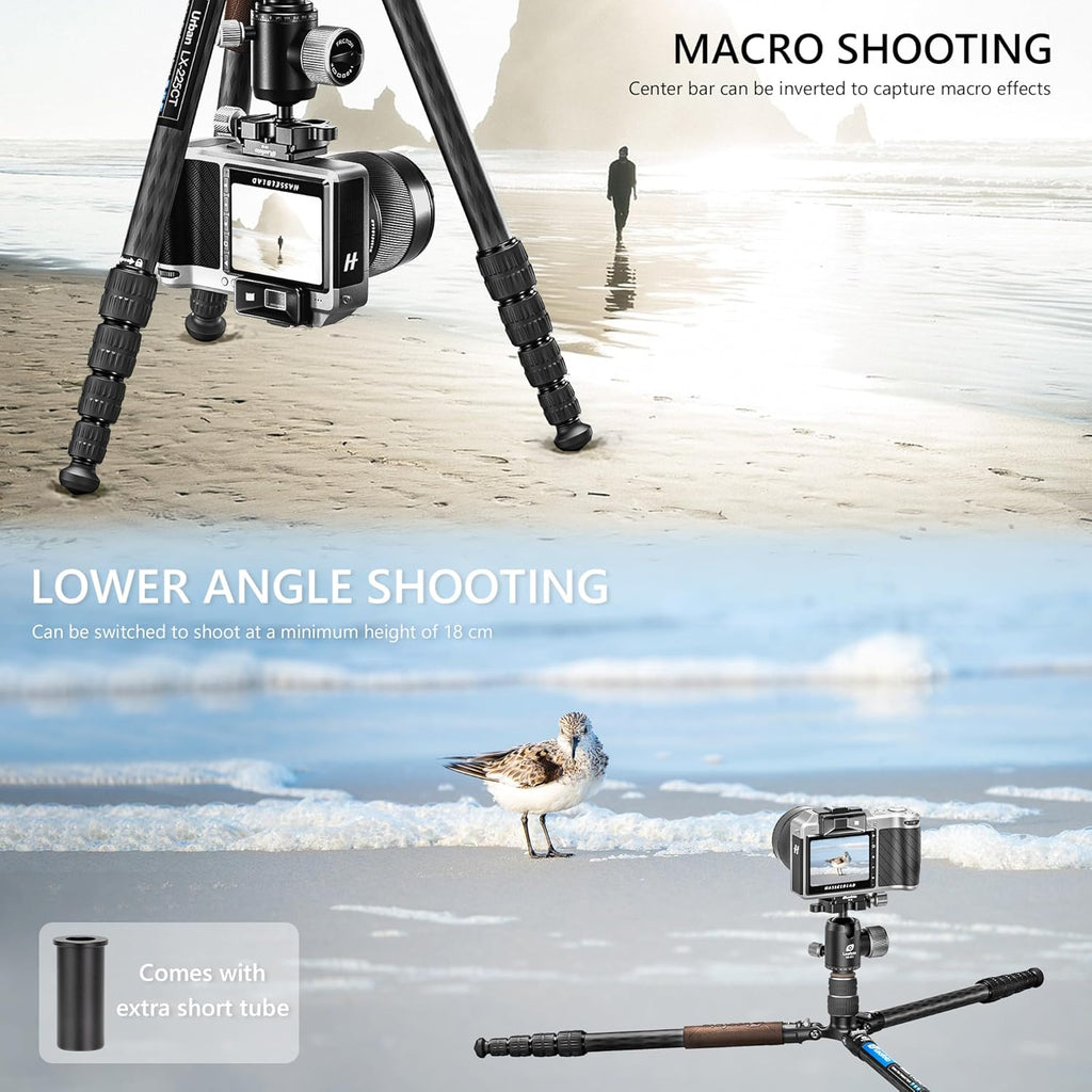 Lightweight Carbon Fiber Reverse Folding Travel Tripod with Ball Head, Removable Center Column, Folded Height 36cm, Maximum Load 6KG（LX-225CT+XB-32Q）