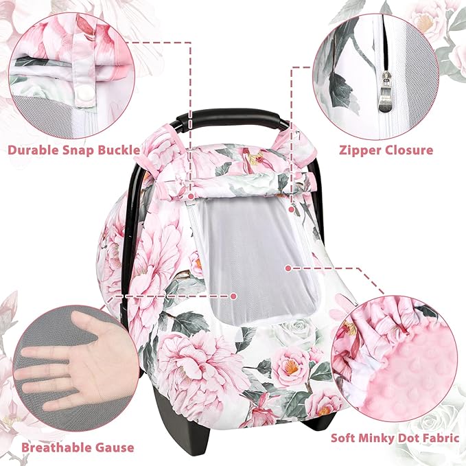 Pea Pod Car Seat Cover for Baby Girls, Floral Infant Car Seat Canopy Cover for Newborn, with 2 Layers Windows of Breathable Mesh/Fabric, 3D Minky Dot Backing, Ultra Soft & Comfortable-BubblyBeeBaby