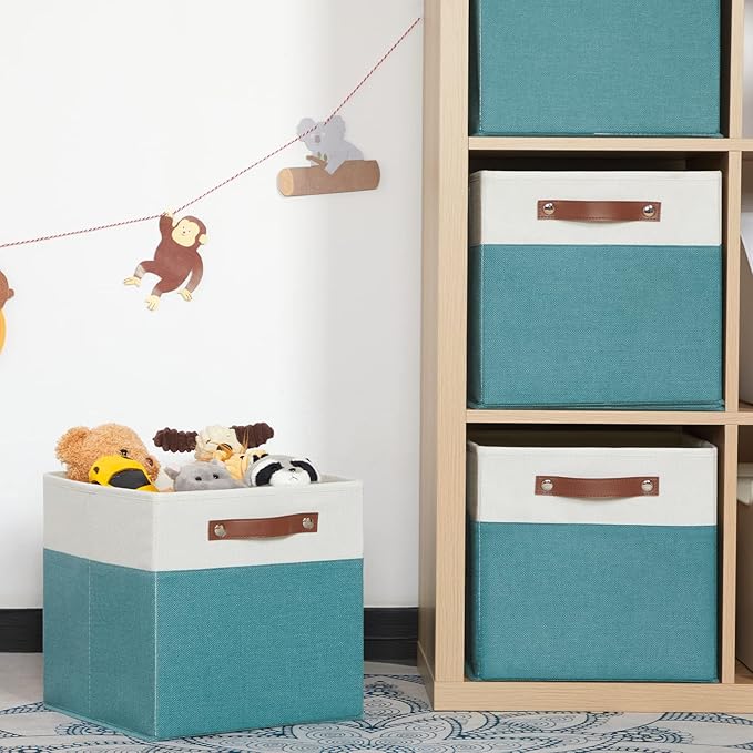HNZIGE Storage Cubes Bins for Organization Set of 4, Fabric Storage Cube 12 x12, Collapsible Storage Bins Basket Cube with Handles, Canvas for Organizing Shelf Home Nursery(Teal White)-BubblyBeeBaby