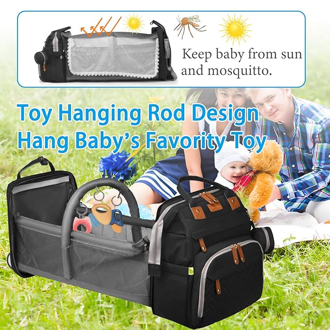 Jeryswet Baby Diaper Bags with Changing Station, Waterproof Large Capacity Diaper Bag Backpack for Moms Dads with USB Charging Port and Stroller Straps, Baby Shower Gifts, Black-BubblyBeeBaby