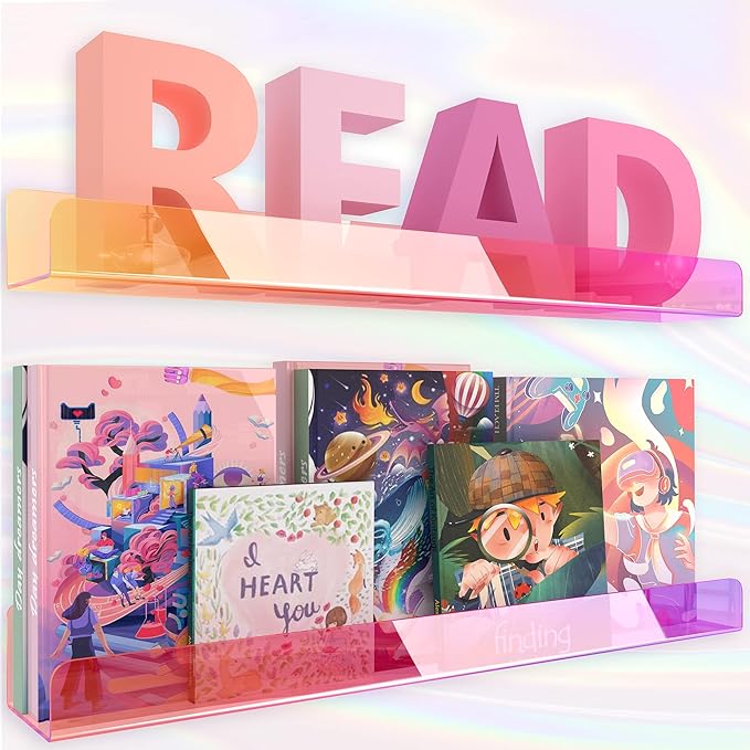 24 inches Iridescent Acrylic Bookshelf, Wall Mounted Display for Kids Room, Nursery, Toddler, Classroom (2 Packs)-BubblyBeeBaby