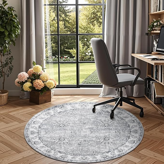 jinchan Round Rug 5ft Area Rug - Indoor Vintage Hallway Circle 5' Washable - Ultra-Thin Low Pile Soft Small Non Slip Distressed Floral Print for Living Room Dining Room Bedroom Entryway Grey-BubblyBeeBaby