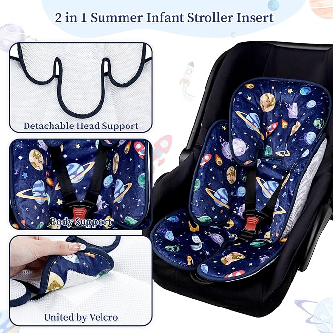 Pea Pod Baby Car Seat Head Support for Newborn, 2 in 1 Infant Car Seat Head Body Support for Boys Extra Soft Breathable Baby Car Seat Cushion Insert for Strollers, Swings, and Bouncers, Blue Space-BubblyBeeBaby