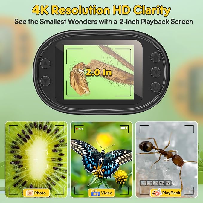 1000X Handheld Microscope for Kids 4K 2.0" Screen Rechargeable Mini Pocket Digital Microscopes w/Slides Kit Portable Edu Gift Age 4-6 8-12 Children Students (Yellow)-BubblyBeeBaby