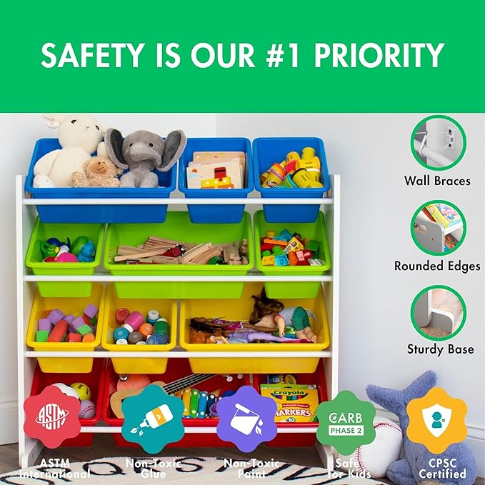 Humble Crew Kids Toy Storage Organizer with 12 Plastic Bins, White/Primary – Removable Bins for Playroom, Bedroom, Toddler Furniture for Boys and Girls Ages-BubblyBeeBaby