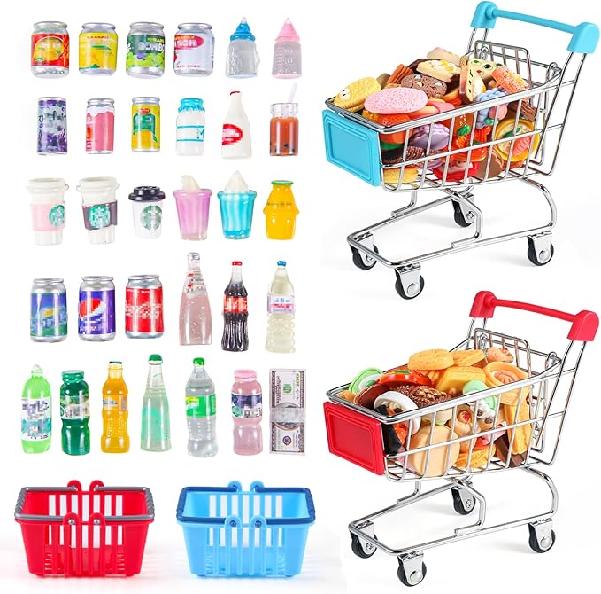 134pcs Mini Shopping Cart Basket Miniature Food Drink Bottle Supermarket Metal Handcart Toys Doll House Store Cosplay Game Dollhouse Grocery Fruit Cake Bread Party Trolley Model Dollar Bills-BubblyBeeBaby
