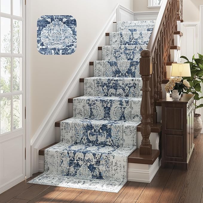 jinchan Hallway Runner Rug 3x8 Machine Washable Runner Rug Dark Blue Vintage Floral Design Non-Slip Low Pile Ultra-Thin for Kitchen Laundry Room Bedroom Farmhouse (3‘x8',Dark Blue)-BubblyBeeBaby