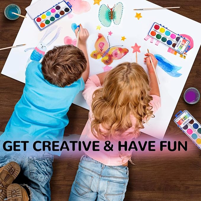 12 Color Watercolor Paint for Kids, 12 Pack Washable Water Color, Classroom Set, Woodbrushes Included-BubblyBeeBaby