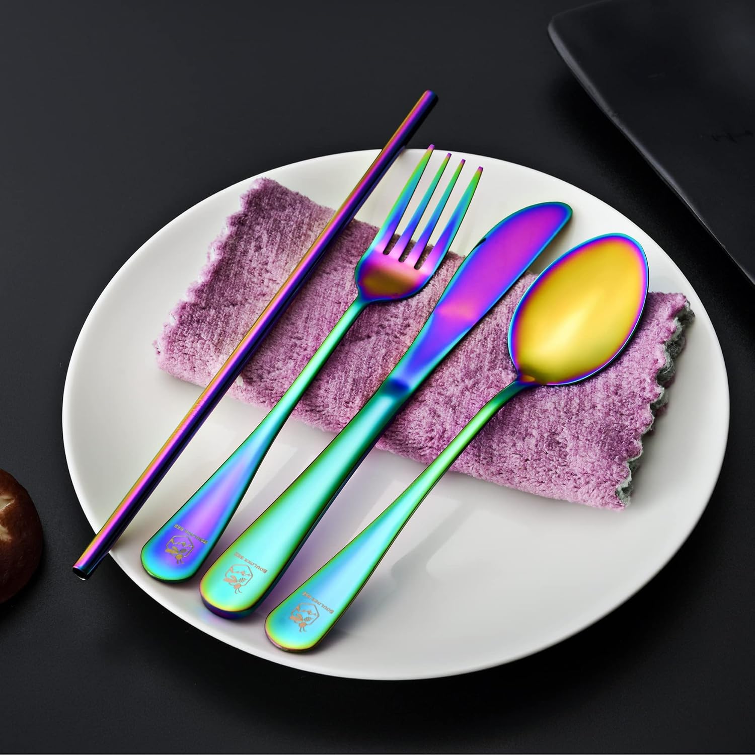 Boulder Bee | Travel Utensils Set | Reusable Camping Cutlery Set | Stainless Steel Flatware Set | Portable Silverware Set with Case | Includes Knife/Fork/Spoon/Straw/Cleaning Cloth/Case (Rainbow)