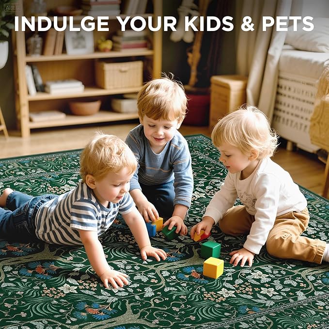 Joydeco Floral 5x7 Area Rugs for Living Room, Boho Dark Green Washable Rug Non Slip, Soft Low-Pile Botanical Forest Indoor Floor Throw Carpet for Office Dining Table Playroom Dorm-BubblyBeeBaby