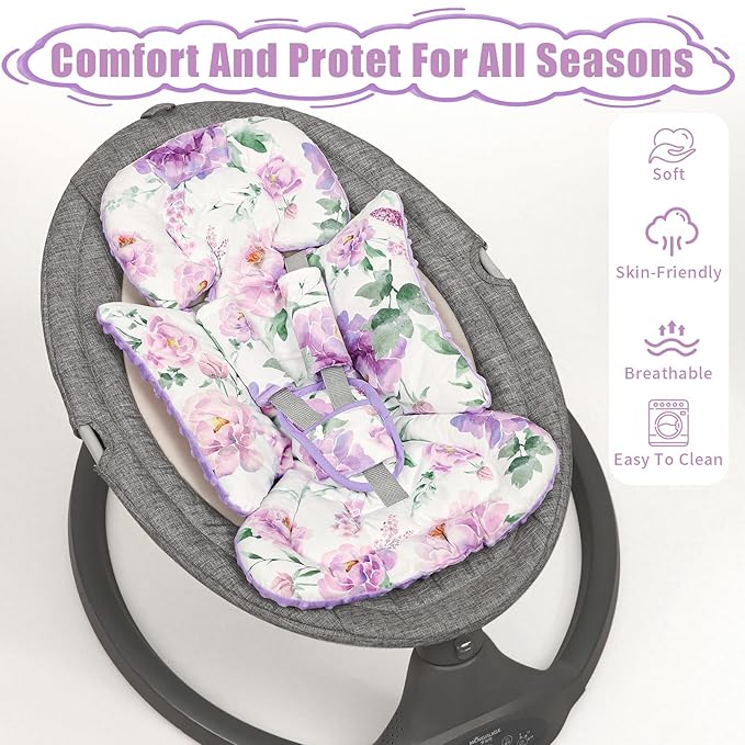 Infant Car Seat Insert, Soft Baby Car Seat Head & Body Support for Girl Boy, Reversible Newborn Preemie Carseat Insert Cushion with 3 Straps Pads Fits CarSeat, Stroller, Swing, Bouncer, Purple Floral-BubblyBeeBaby