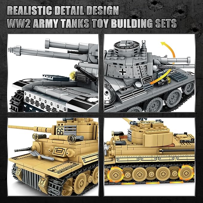 1030 Piece WW2 Army Tanks Toy Building Sets,Create a German Panzer 38T and a German Tiger Tank Toys,Adult Collectible Model Tanks Sets to Build,Christmas Birthday Gifts for Boys,Teens,Adults-BubblyBeeBaby