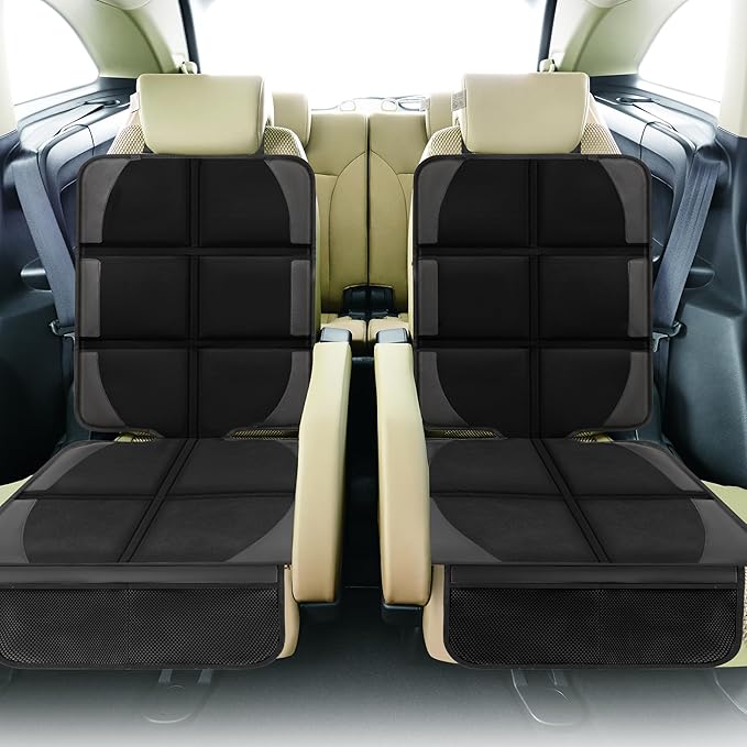 Car Seat Protector for Child Car Seat, 2 Pack Baby Car Seat Covers with Mesh Pockets & Non-Slip Backing 600D Durable Seat Protector Under Baby Car Seat for Car Back Seat (Black, Large)-BubblyBeeBaby