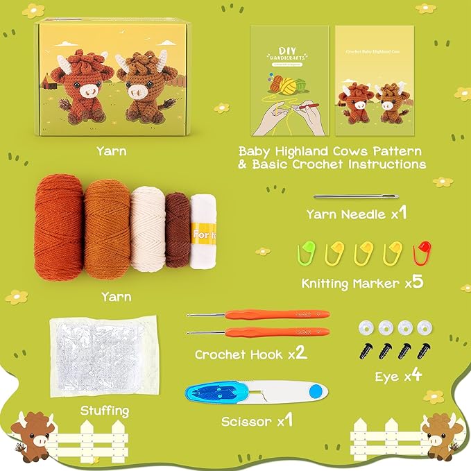 Highland Cow Crochet Kit for Beginners - 2PCS Animals Crochet Kit with Step-by-Step Video Tutorials, Highland Cows Crocheting Kit, Crochet Starter Kit for Kids and Adults, Stuffed Animal Knitting Kit-BubblyBeeBaby
