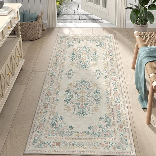 jinchan Vintage Floral Runner Rug 2x6 - Machine Washable Distressed Design Non-Slip Low-Pile Soft Thin Carpet for Hallway Kitchen Farmhouse Bedroom Entryway Laundry Room (2x6ft,Apricot Multi)-BubblyBeeBaby