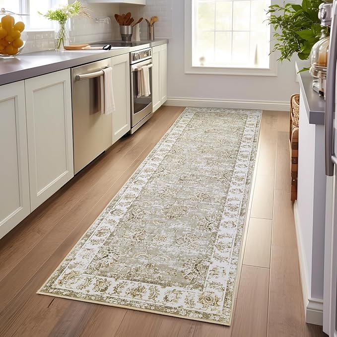 jinchan Hallway Runner Rug 3x10 Machine Washable Runner Rug Taupe Vintage Floral Design Non-Slip Low Pile Ultra-Thin for Kitchen Laundry Room Bedroom Farmhouse (3‘x10',Taupe)-BubblyBeeBaby