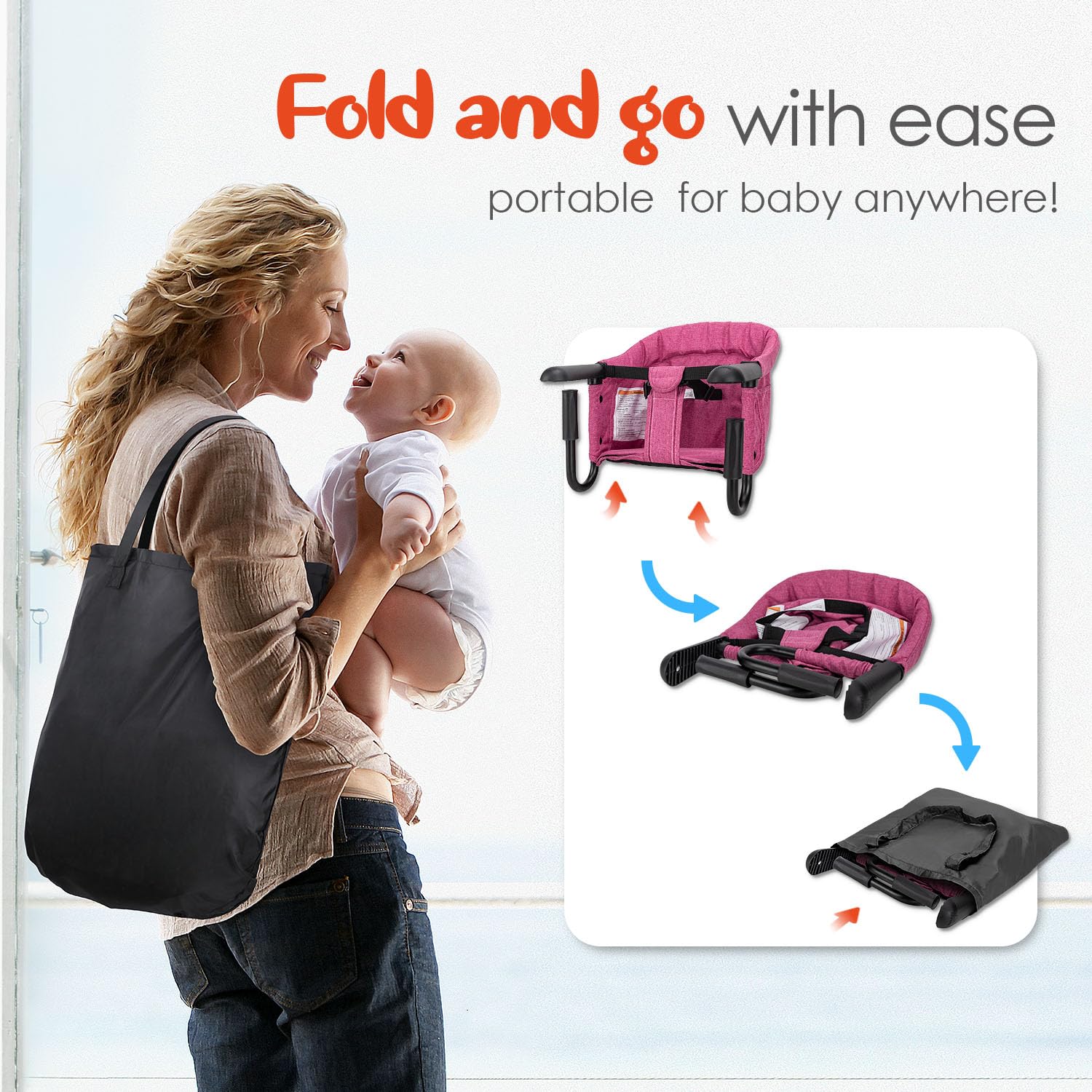 Hook On High Chair - Portable & Foldable for Babies 6-36 Months, Family & Travel Use with Carry Bag(Rose Red)