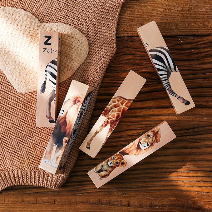 IEATFO 4 in 1 Wooden Animal Chunky Puzzle, 5 Solid Wood Puzzle Blocks with 4 Sides Realistic Safari Animals, Wooden Block Puzzle with Durable Base for Toddlers 3+ Years - Montessori Inspired-BubblyBeeBaby