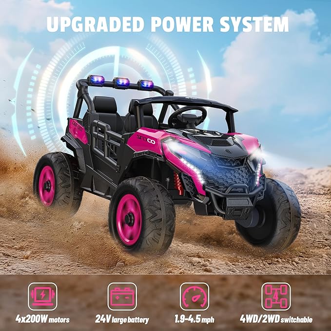 24V 2 Seater Ride on Car Truck, 4x200W, EVA Tires, 4WD/2WD, Rainbow Lights, Remote Control, Shock Absorbers, Bluetooth, Ride On UTV Toy for Kids Ages 3-8, Pink-BubblyBeeBaby