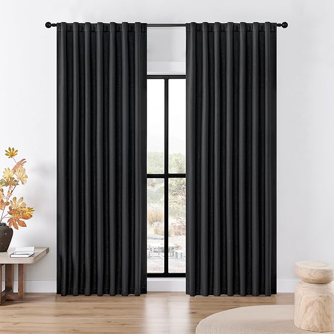 Joydeco Faux Linen Blackout Curtains for Bedroom,Black Blackout Curtains 90 inches Long,100% Blackout Solid Thermal Insulated Window Drapes Luxury Decor for Living Room（W52xL90 Inch,Black）-BubblyBeeBaby