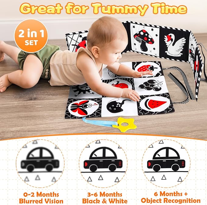 High Contrast Baby Toys for Newborn Infant 0-6 Months Montessori Tummy Time Black and White Sensory Crinkle Toys 0-3 3-6 Months Soft Books Carseat Toys for Baby Boys Girls Easter Basket Stuffers Gifts-BubblyBeeBaby