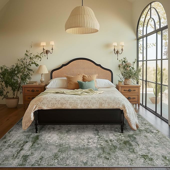 jinchan Washable Area Rug 8x10 for Living Room - Soft Faux Wool Ultra-Thin Stain Resistant Non-Slip Distressed Vintage Floral Large Carpet for Bedroom,Dining Room,Home Office,Nursery(Green, 8'x10')-BubblyBeeBaby