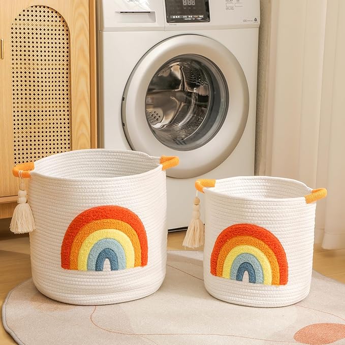 INough Toy Storage Baskets Woven Cotton Rope Storage Basket Kids Blanket Baskets for Living Room, Toys Organizer with Embroidery Colorful Rainbow Decor, Baby Basket for Laundry Nursery (Boho Rainbow)-BubblyBeeBaby